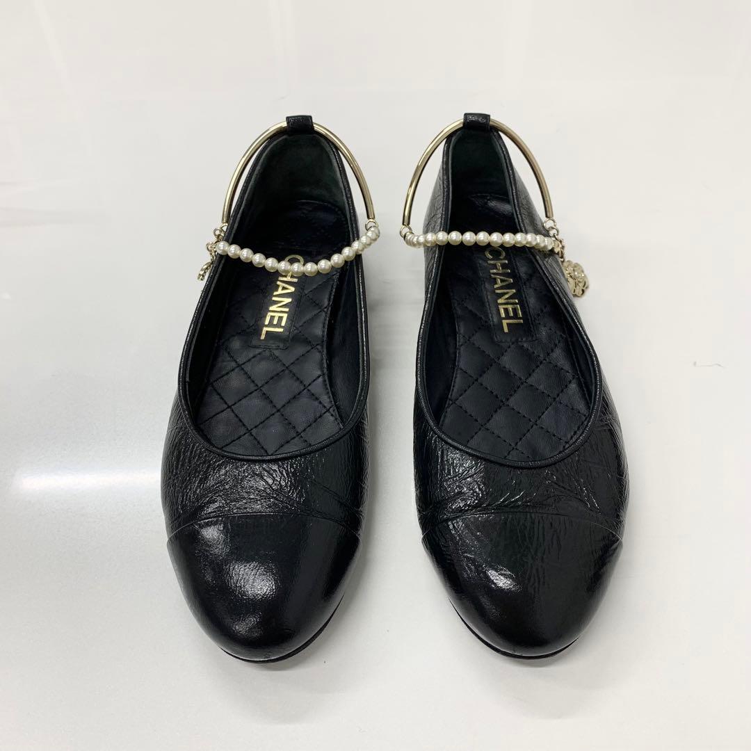 Chanel CC Logo Camellia Wrinkled Pearl Strap Flat Shoes — view 2