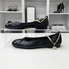 Chanel CC Logo Camellia Wrinkled Pearl Strap Flat Shoes — view 3