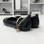 Chanel CC Logo Camellia Wrinkled Pearl Strap Flat Shoes — view 4