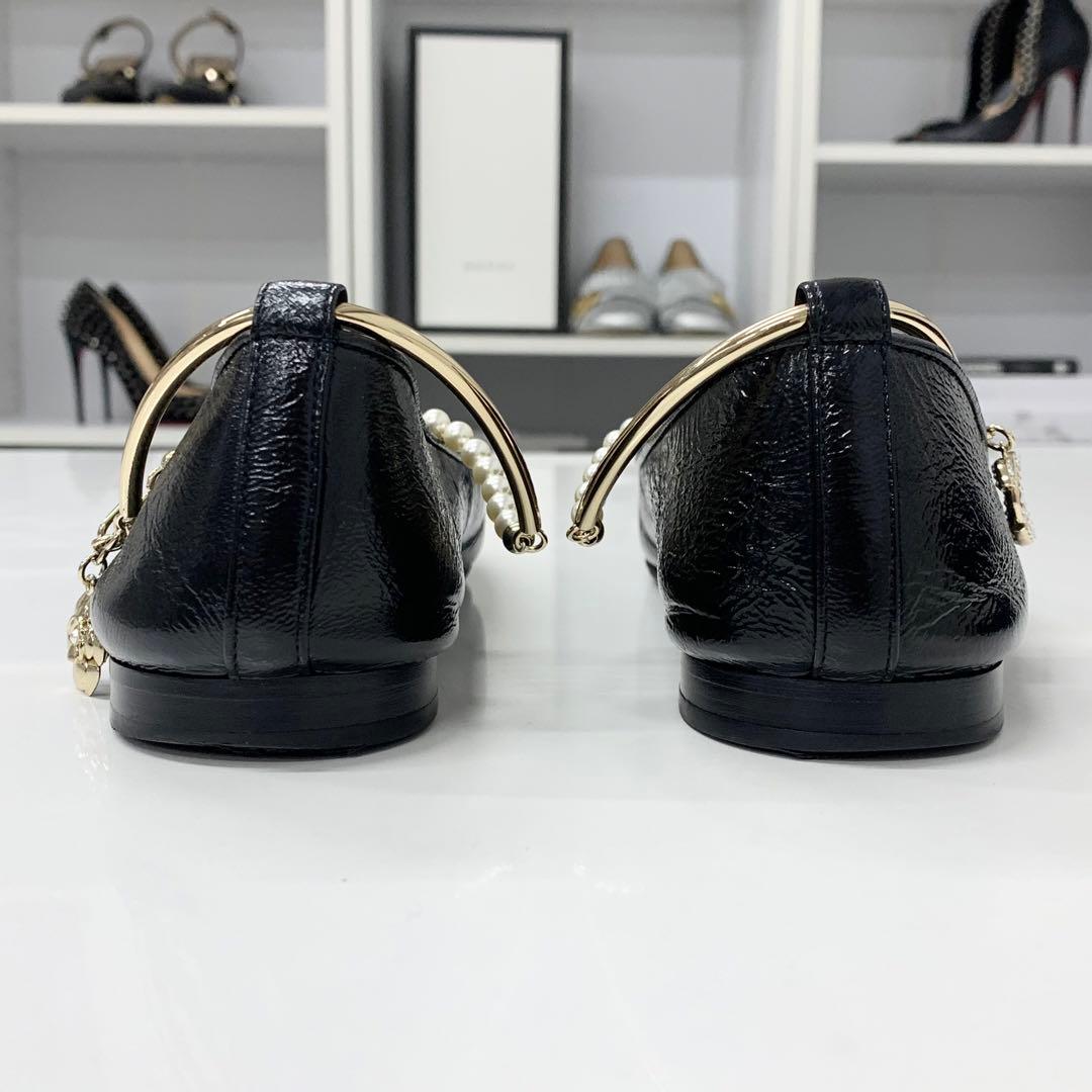 Chanel CC Logo Camellia Wrinkled Pearl Strap Flat Shoes — view 5