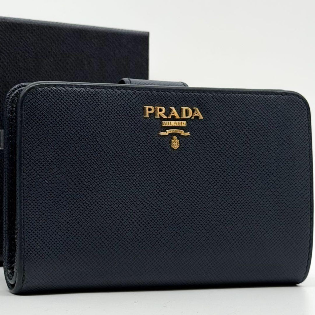 Prada Saffiano Bifold Navy Compact Leather L Shape Wallet