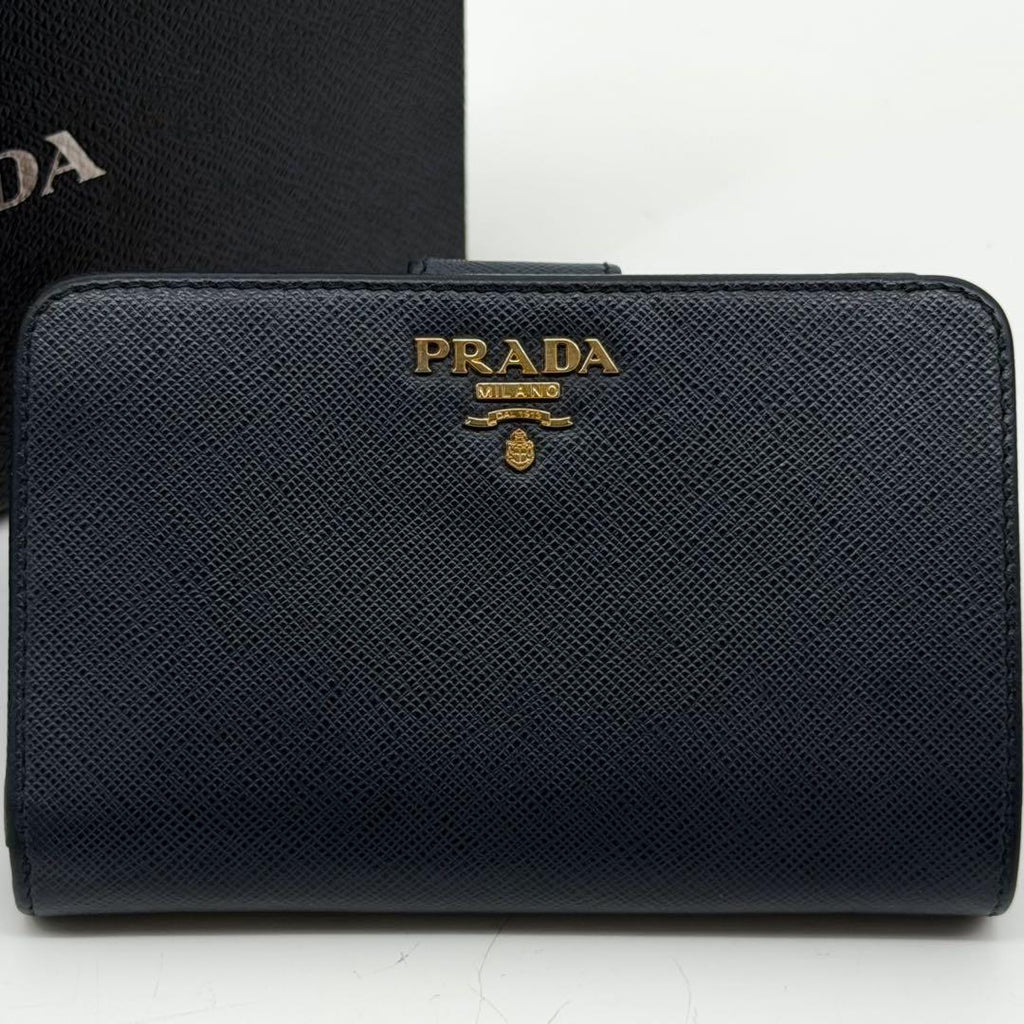Prada Saffiano Bifold Navy Compact Leather L Shape Wallet — view 2