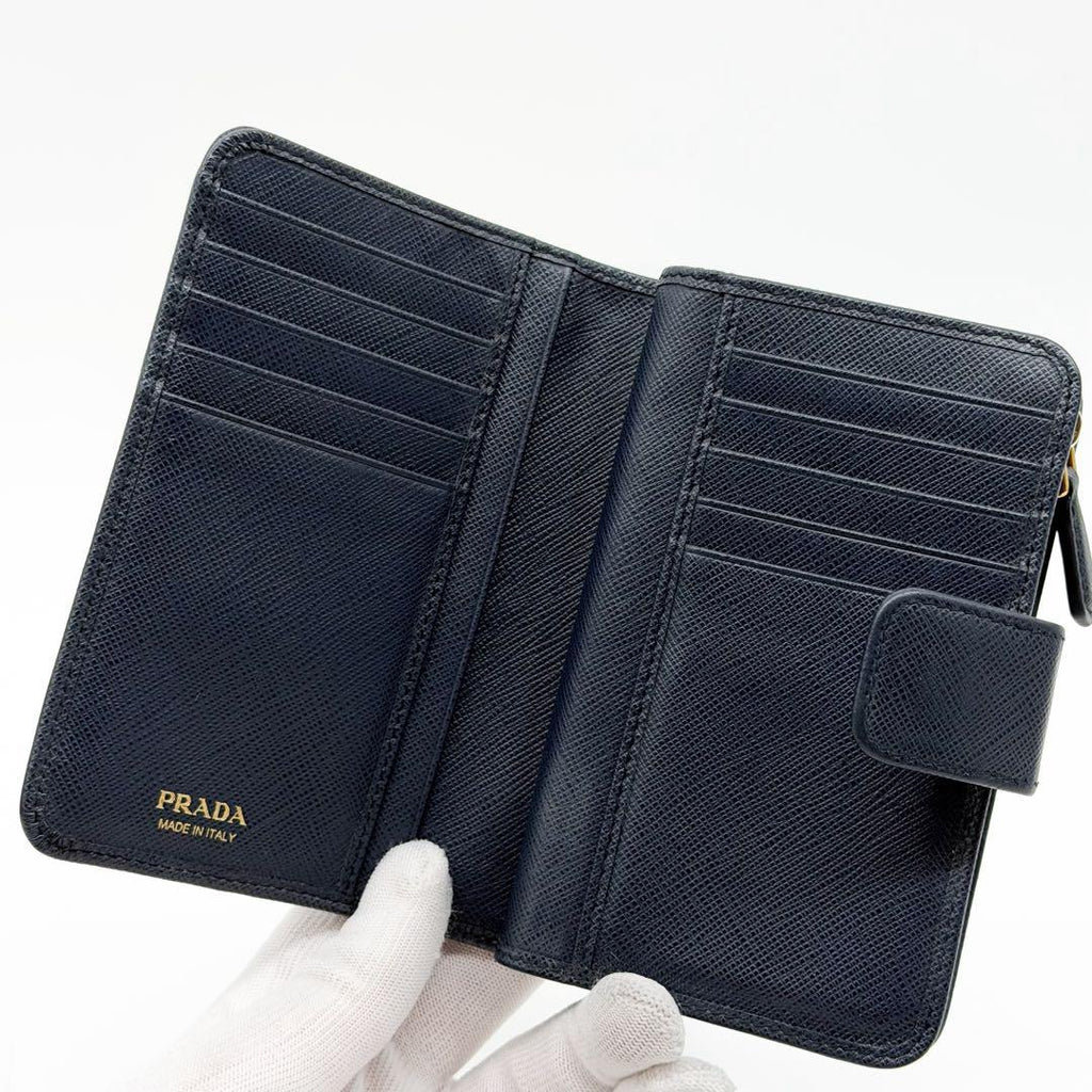 Prada Saffiano Bifold Navy Compact Leather L Shape Wallet — view 6