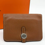 Hermes Dogon Compact Togo Bifold Brown Silver Wallet