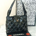 Chanel Quilted Enamel Tote Shoulder Bag Black