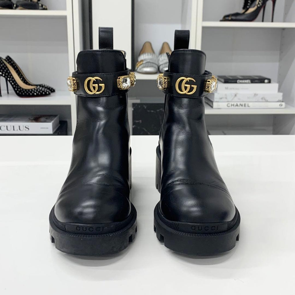 Gucci Leather Bijou GG Marmont Belt Side Gore Short Boots — view 4