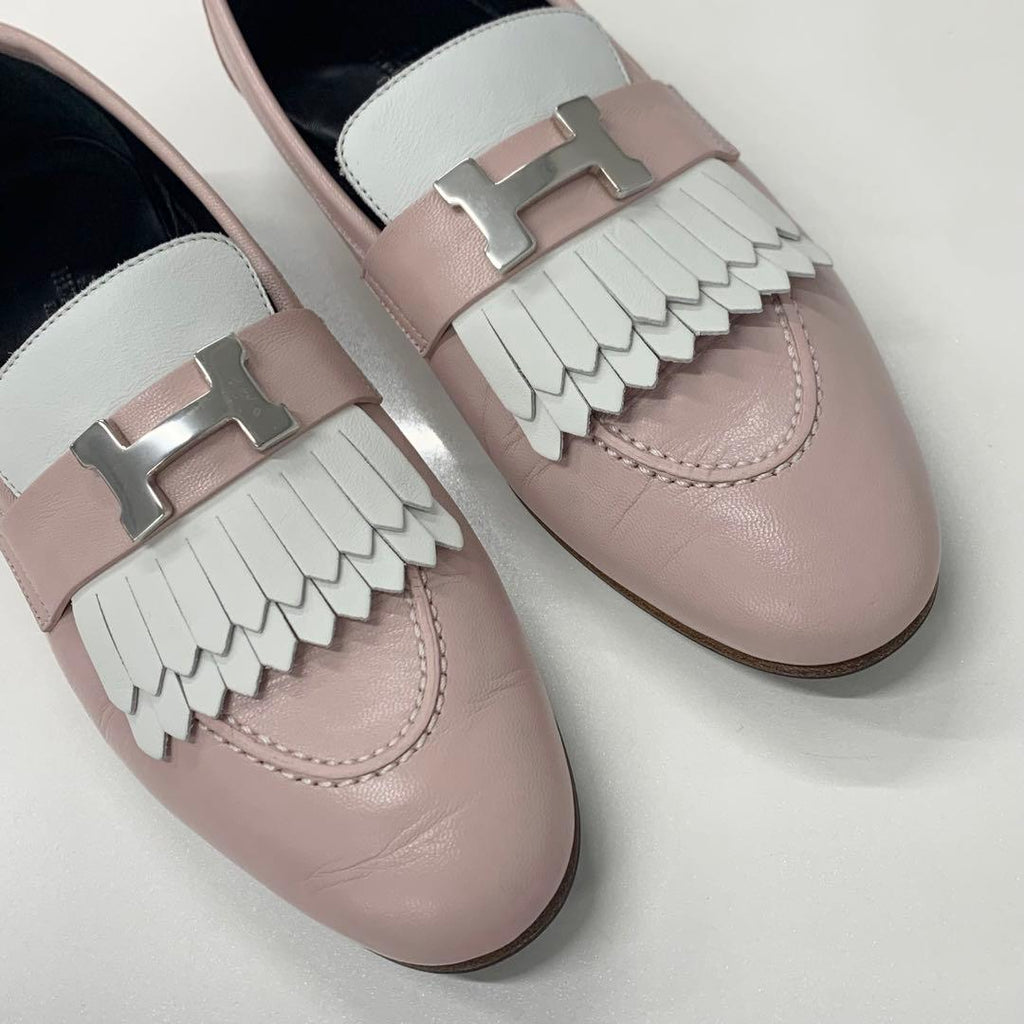 Hermes Royale Leather Fringe Loafers Pink White — view 9