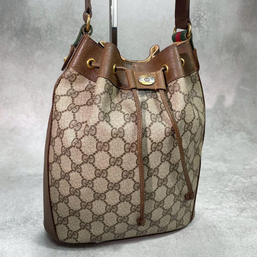 Gucci GG Sherry Line Shoulder Bag Brown Leather Drawstring