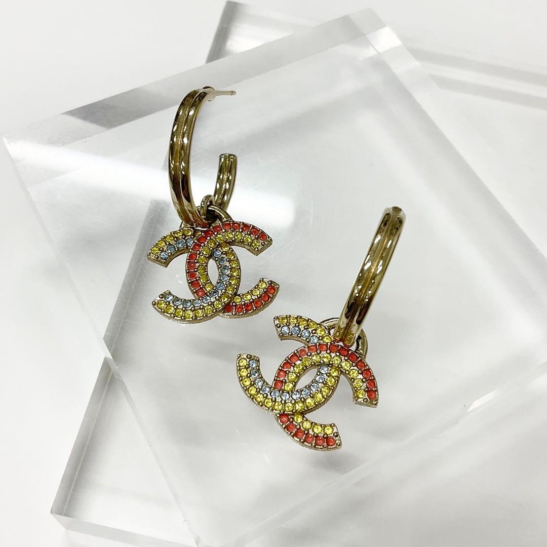 Chanel Earrings CC Logo Hoop Rhinestone Gold Multicolor