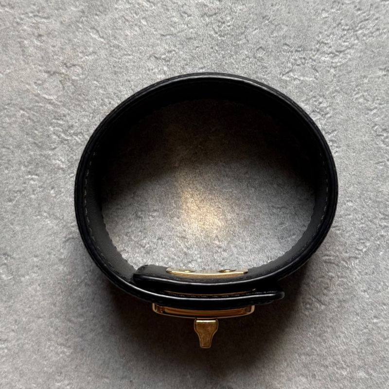 Prada Saffiano Leather Logo Belt Bracelet Turnlock Black Gold Size — view 9
