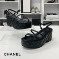 Chanel Quilted CC Logo Leather Strap Platform Sandals Black