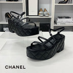 Chanel Quilted CC Logo Leather Strap Platform Sandals Black