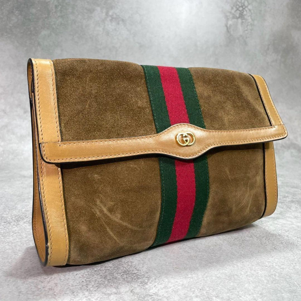Gucci Sherry Line Clutch Suede Brown Leather
