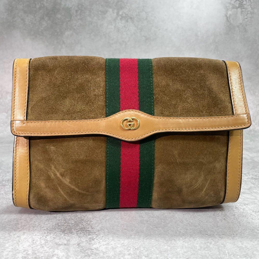 Gucci Sherry Line Clutch Suede Brown Leather — view 2