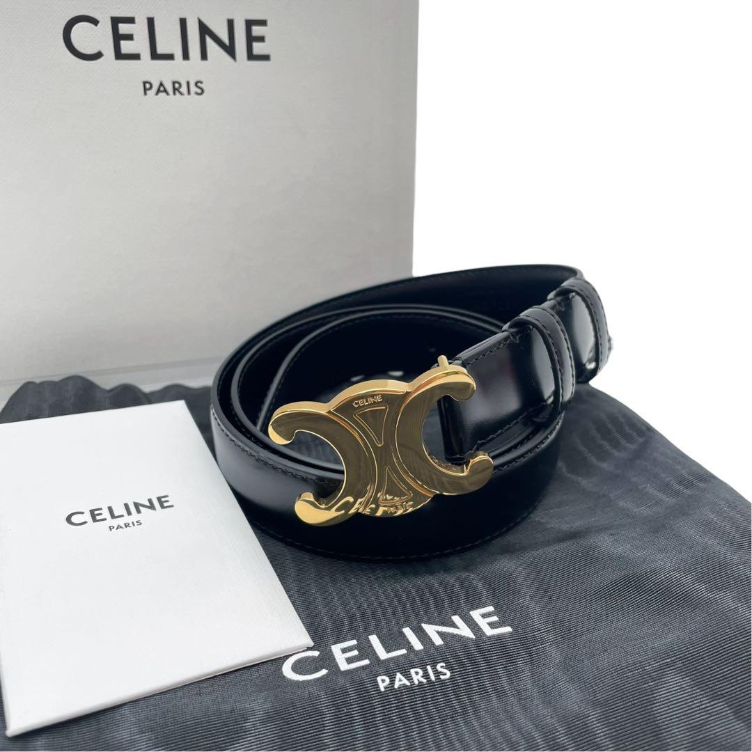 Celine Leather Gold Triomphe Buckle Belt Black