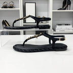 Chanel CC Logo Leather Chain Tweed Thong Sandals Black — view 3