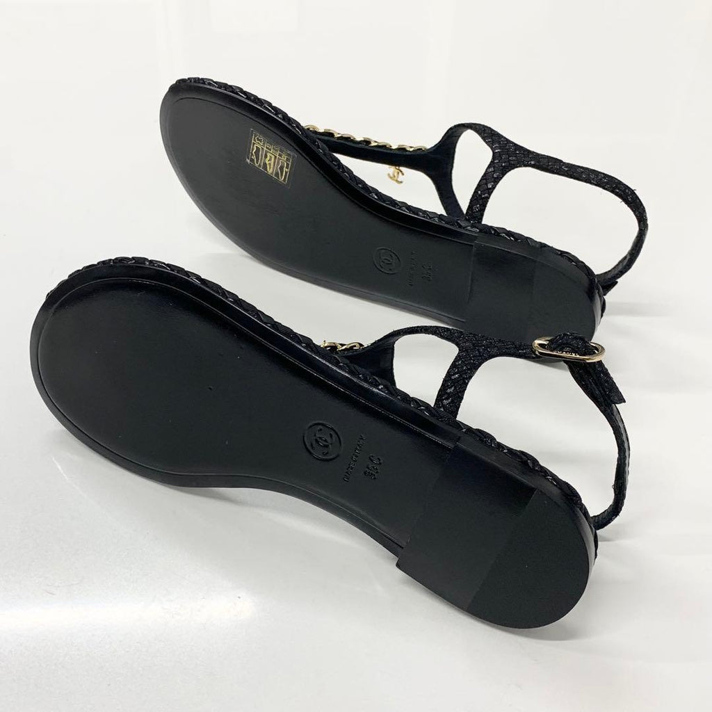 Chanel CC Logo Leather Chain Tweed Thong Sandals Black — view 6