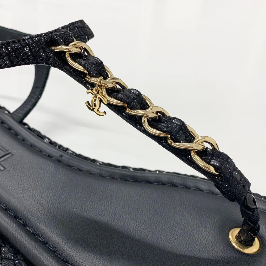 Chanel CC Logo Leather Chain Tweed Thong Sandals Black — view 9