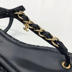 Chanel CC Logo Leather Chain Tweed Thong Sandals Black — view 9