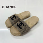 Chanel CC Logo Fabric Sandals Beige Gold