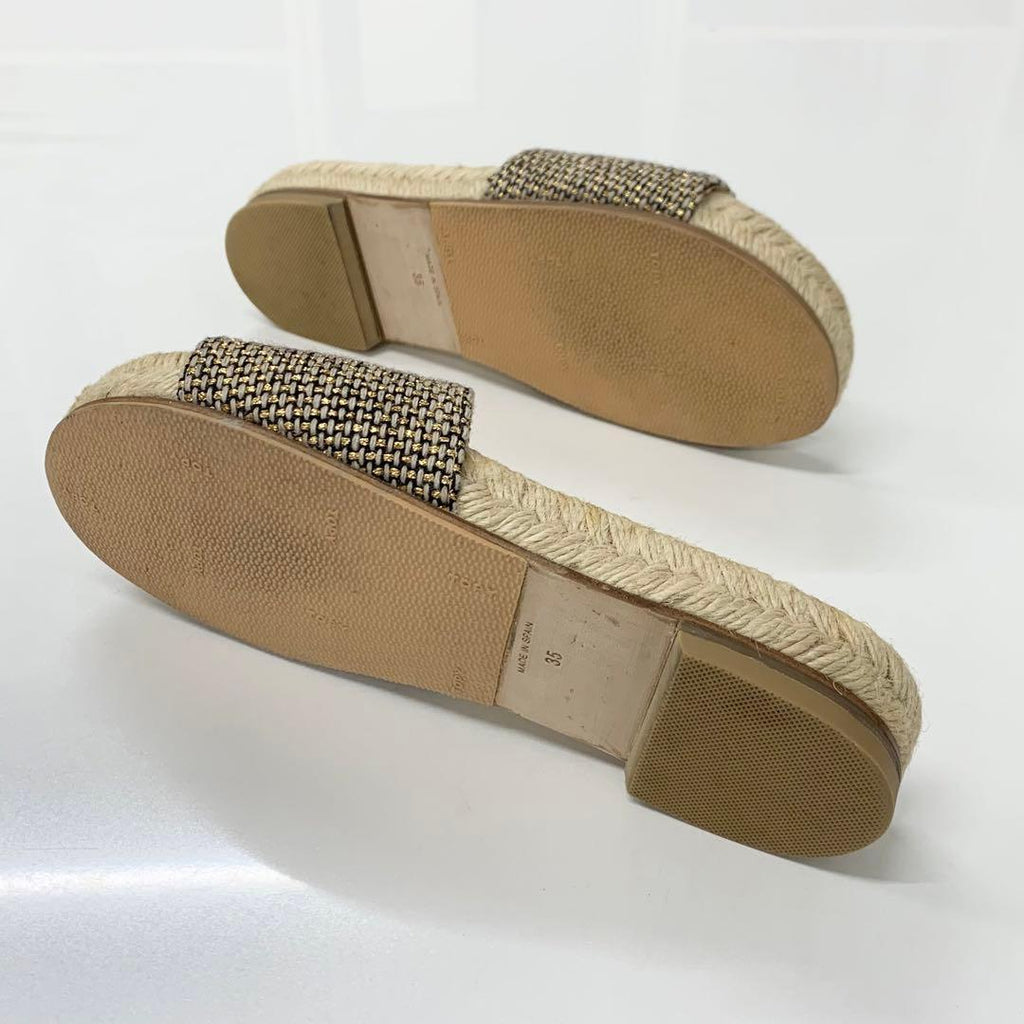 Chanel CC Logo Fabric Sandals Beige Gold — view 6