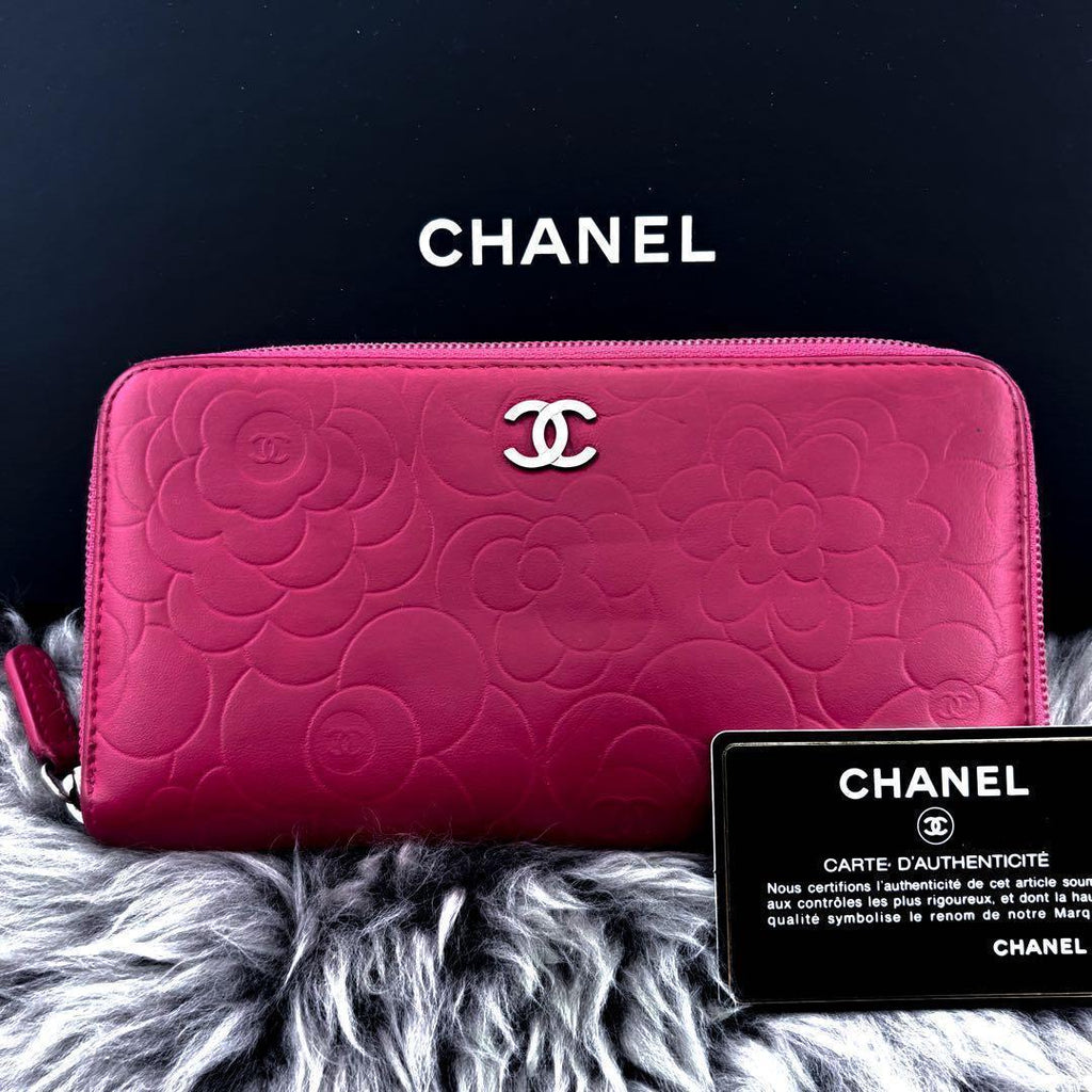 Chanel Wallet Camellia Embossed Zip Around