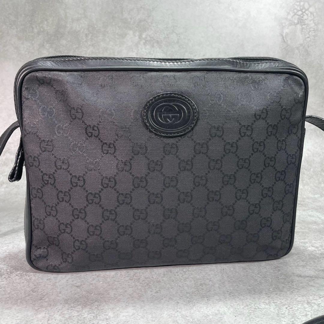 Gucci GG Shoulder Bag Black Leather Logo Canvas — view 2
