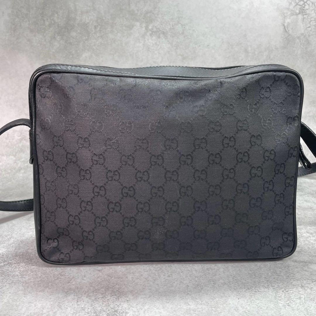 Gucci GG Shoulder Bag Black Leather Logo Canvas — view 3