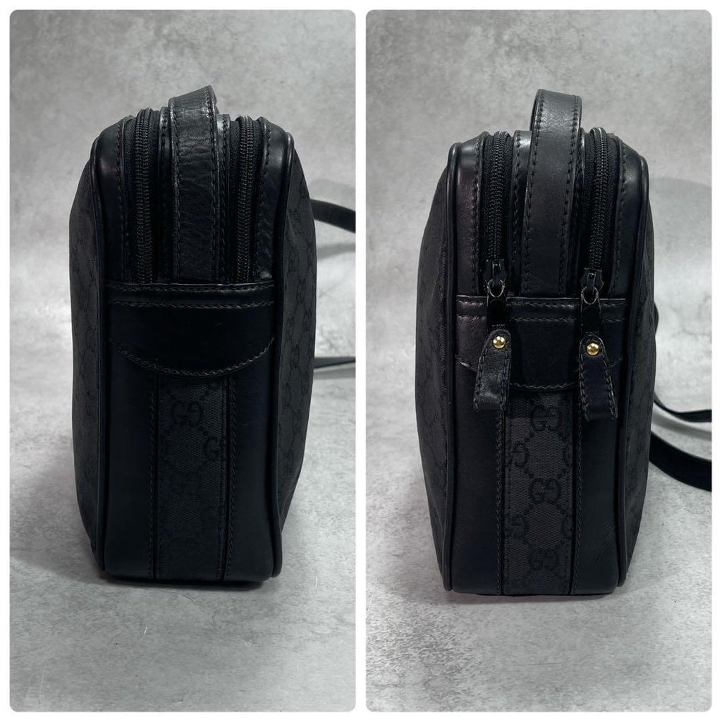 Gucci GG Shoulder Bag Black Leather Logo Canvas — view 7
