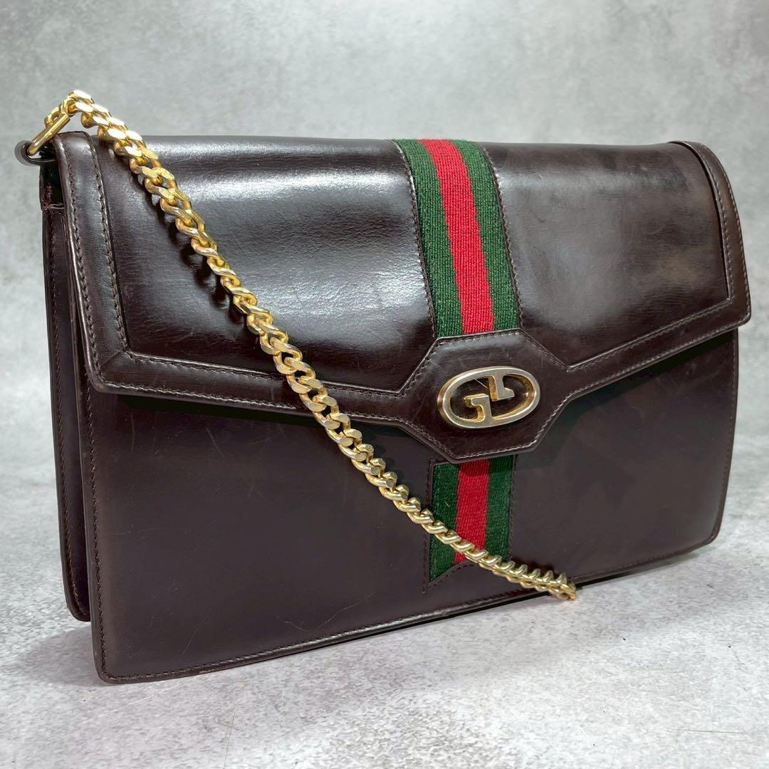 Gucci GG Sherry Line Shoulder Bag Leather Brown