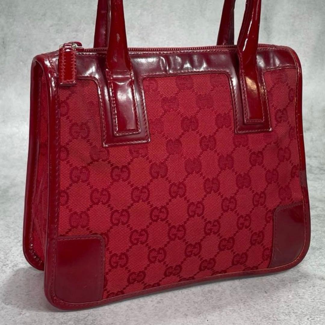 Gucci GG Tote Bag Red Canvas Patent Logo