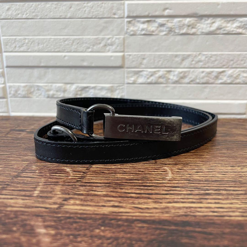 Chanel Leather Silver Buckle Narrow Belt Black