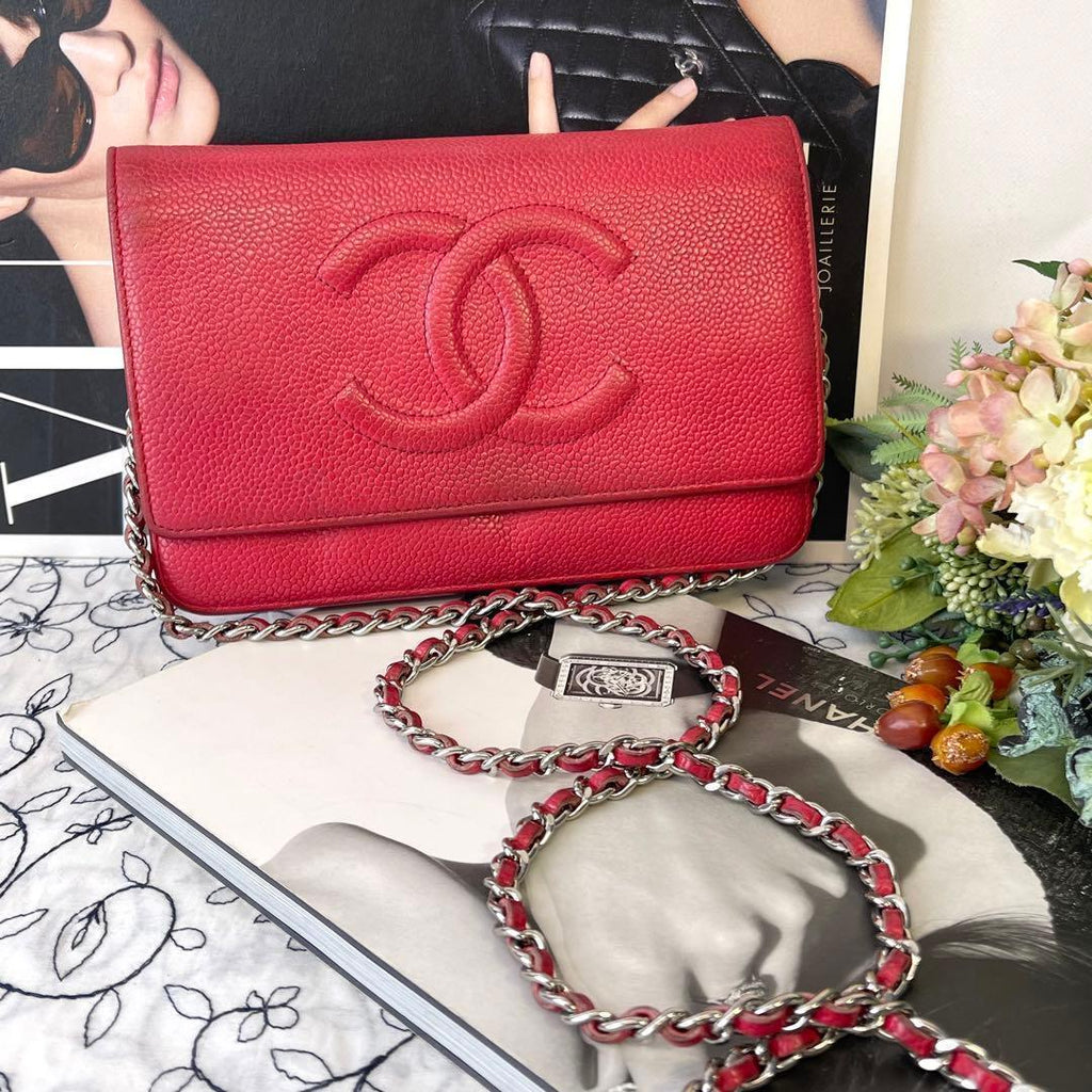 Chanel Chain Wallet Jumbo CC Logo Caviar Leather Red Shoulder