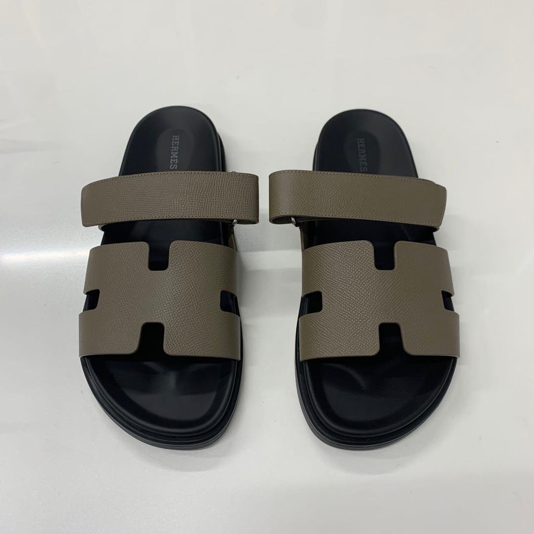 Hermes Chypre Leather Flat Sandals Grey Ge — view 2