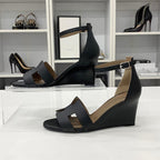 Hermes Legend Leather Wedge Sole Sandals Black — view 2