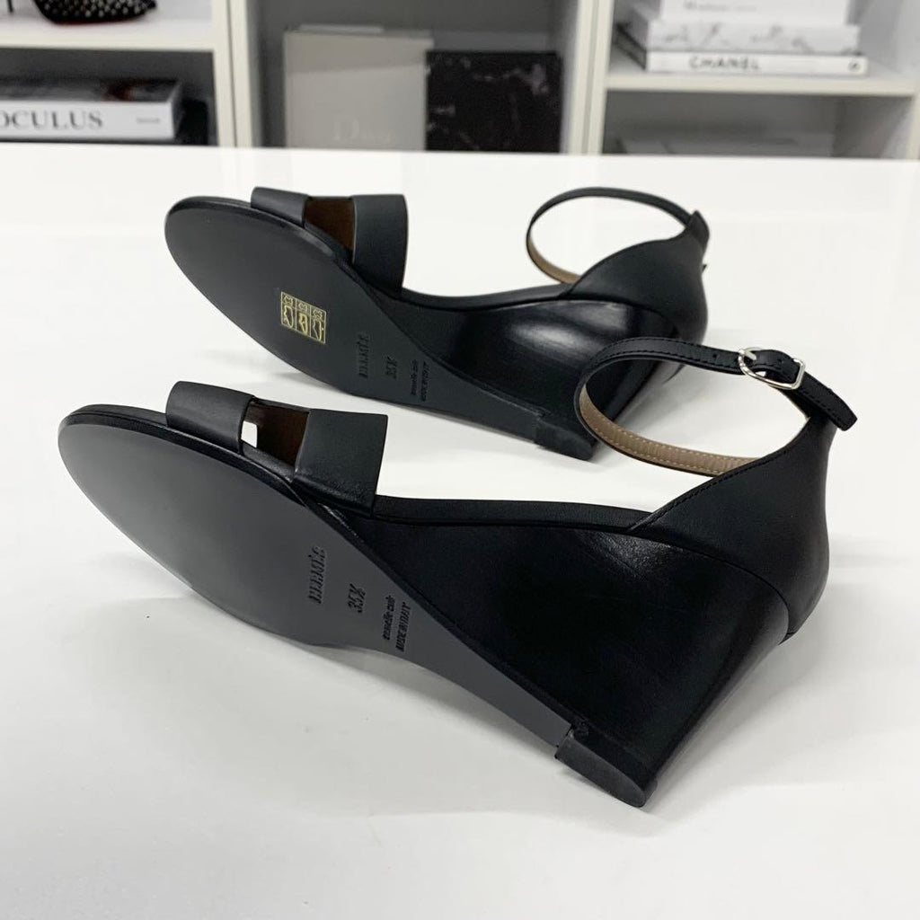 Hermes Legend Leather Wedge Sole Sandals Black — view 7