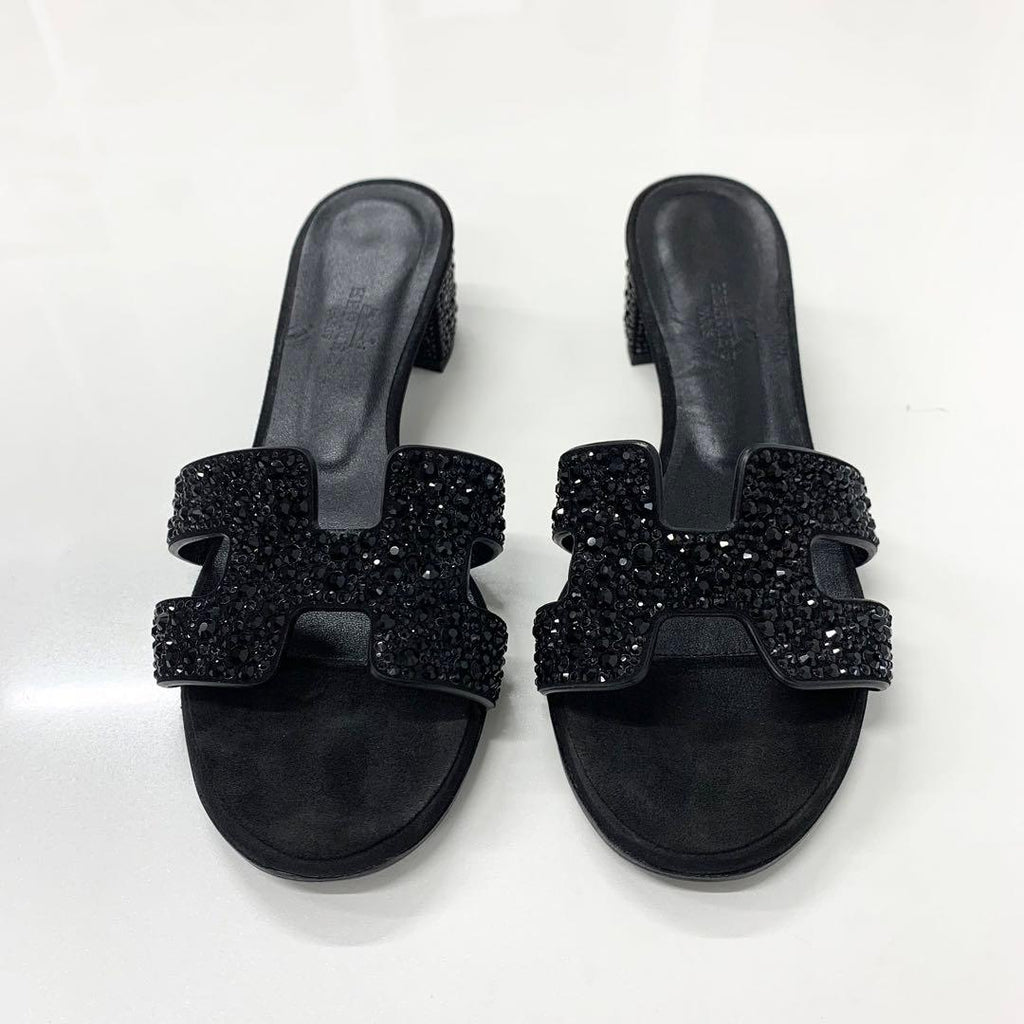 Hermes Oasis Leather Rhinestone Sandals Black — view 2