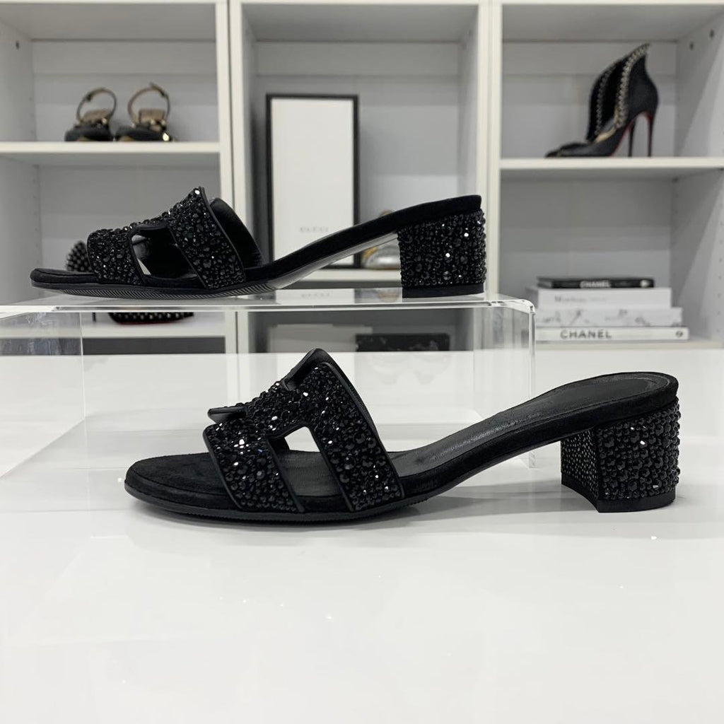 Hermes Oasis Leather Rhinestone Sandals Black — view 3