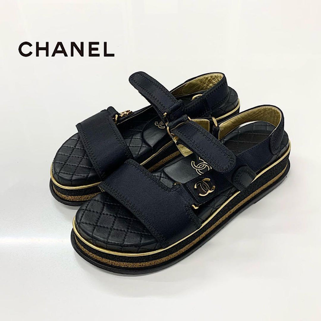 Chanel CC Logo Satin Quilted Velcro Strap Sandals