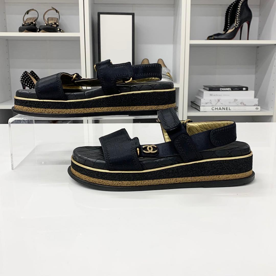 Chanel CC Logo Satin Quilted Velcro Strap Sandals — view 3