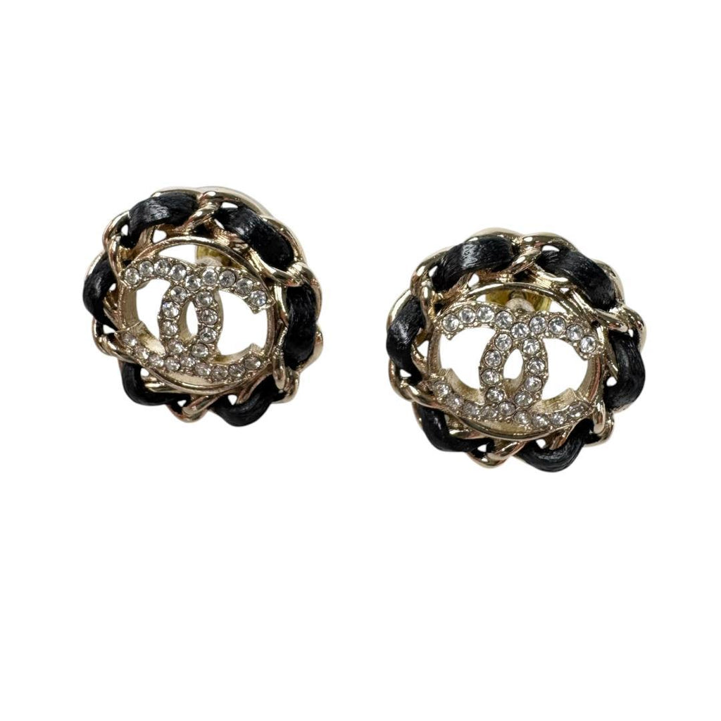 Chanel CC Logo Rhinestone Leather Chain Earrings