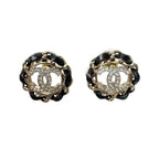 Chanel CC Logo Rhinestone Leather Chain Earrings — view 2
