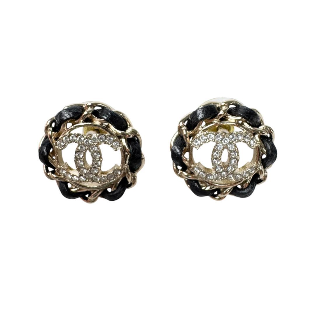 Chanel CC Logo Rhinestone Leather Chain Earrings — view 2