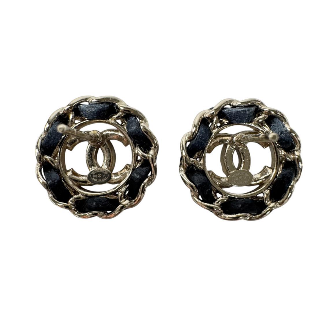 Chanel CC Logo Rhinestone Leather Chain Earrings — view 4