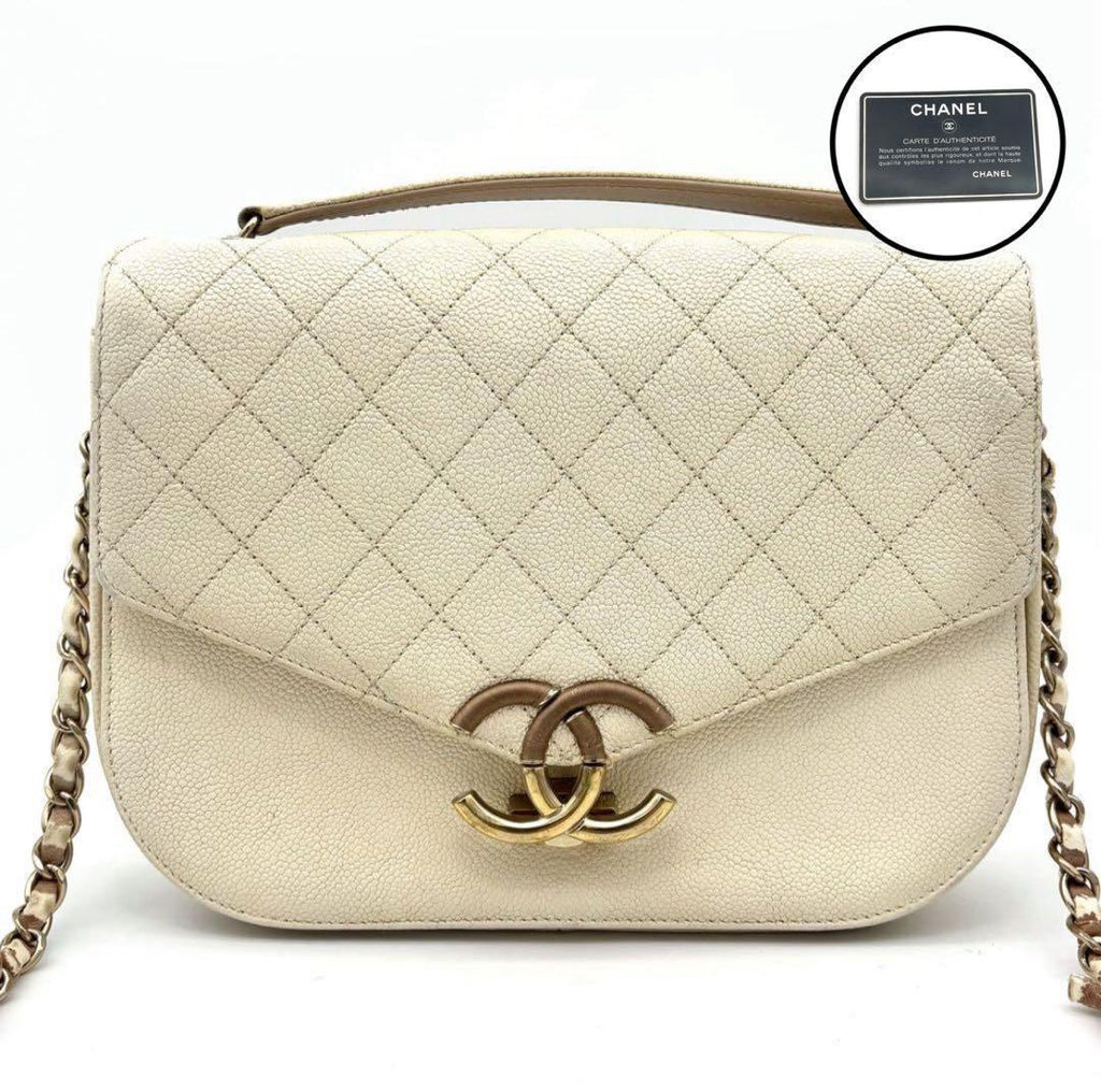 Chanel Quilted 2-Way Shoulder Bag Beige Caviar Leather