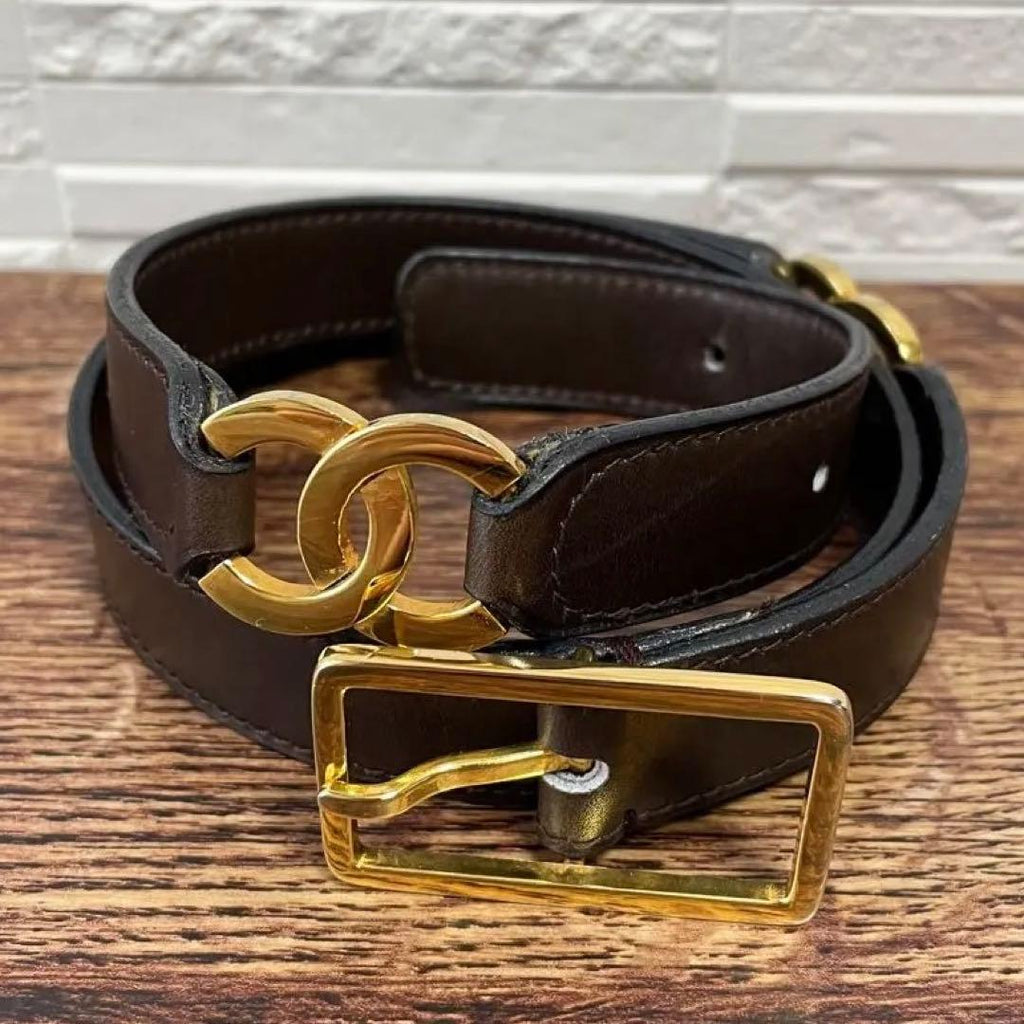 Chanel Leather Belt Double CC Logo Gold Brown