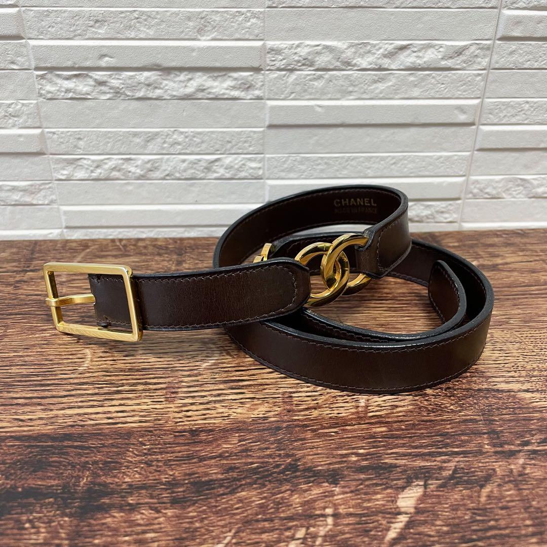 Chanel Leather Belt Double CC Logo Gold Brown — view 2