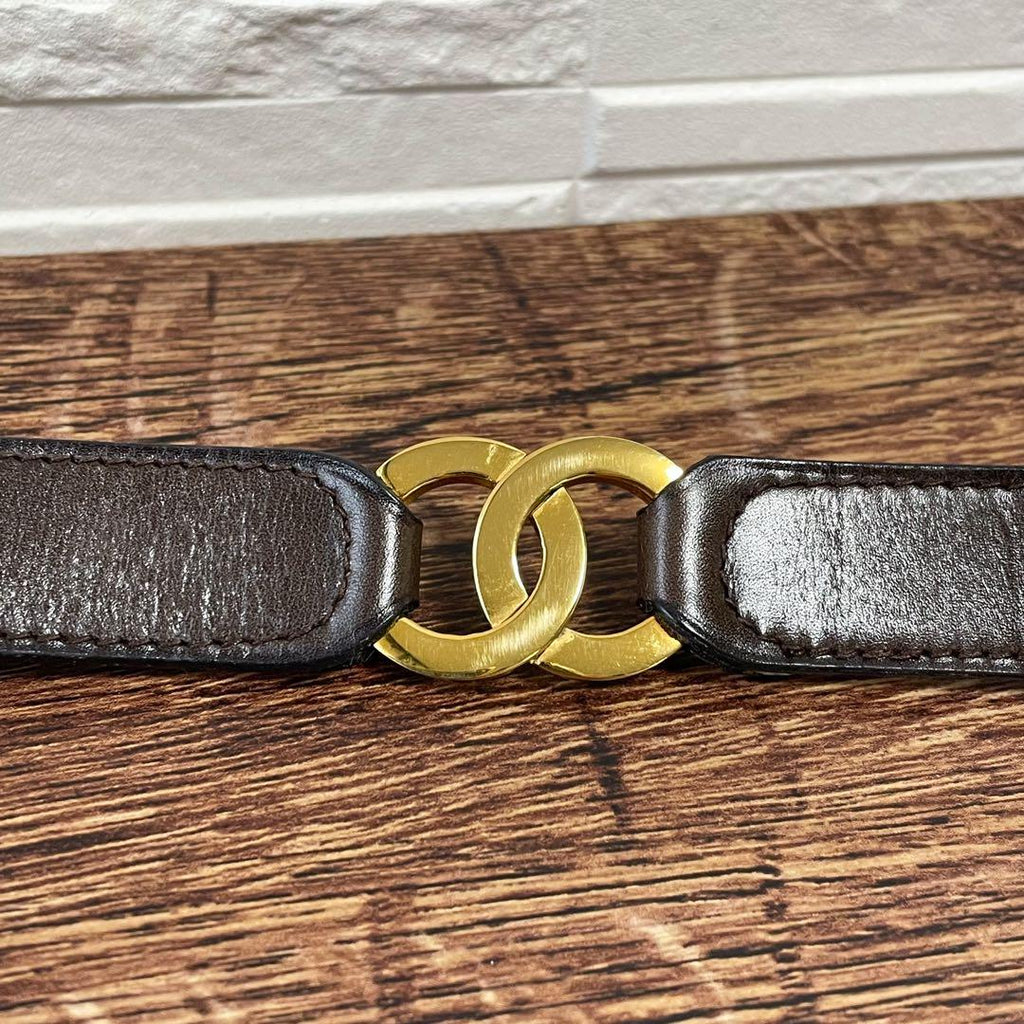 Chanel Leather Belt Double CC Logo Gold Brown — view 9