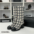 Chanel Tweed Leather CC Logo Long Boots White Black
