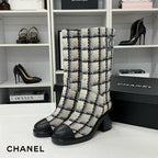 Chanel Tweed Leather CC Logo Long Boots White Black